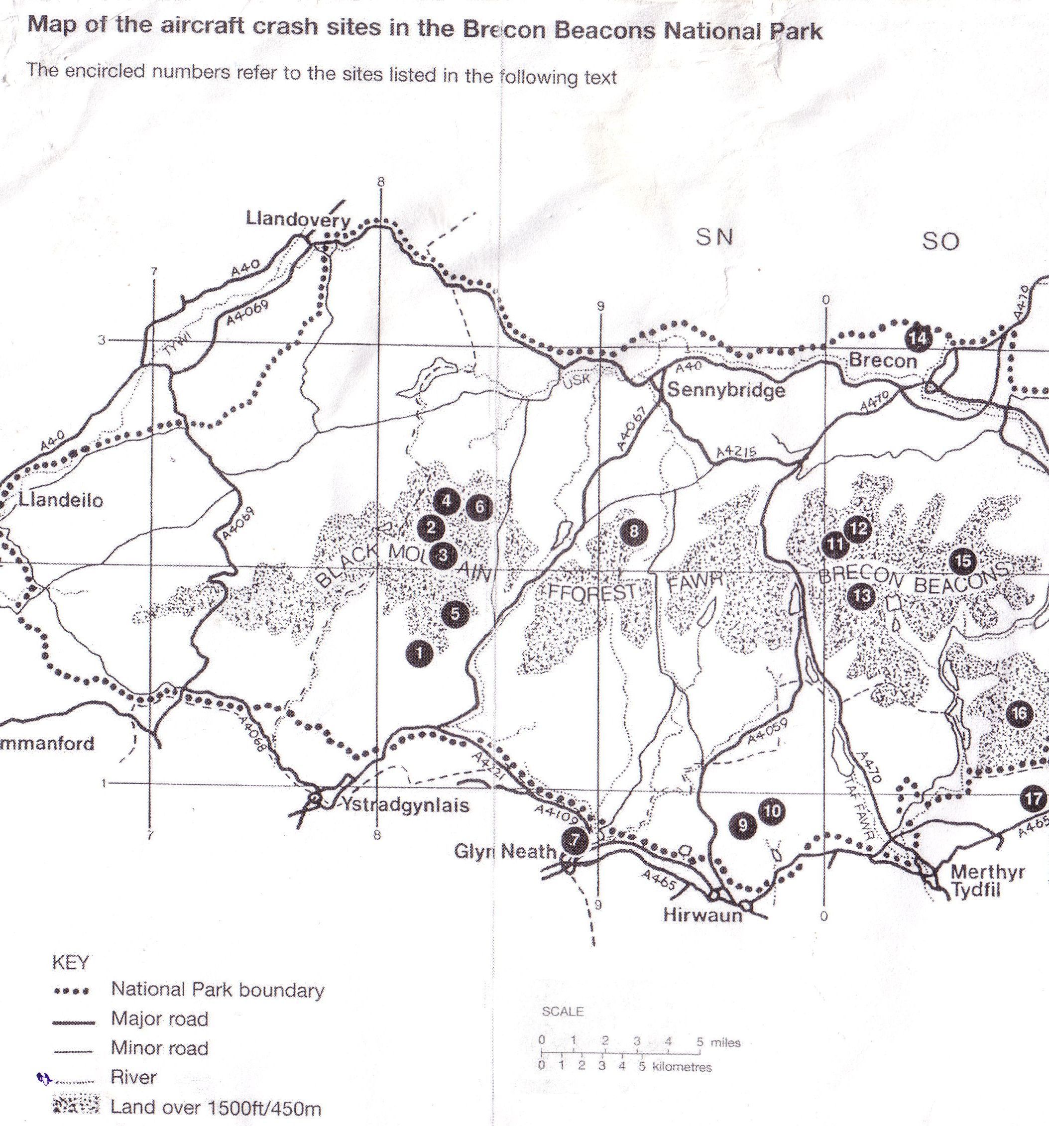 Map of the crash sites in the Ystradgynlais area of the Brecon Beacons